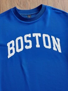 Manfinity VCAY Camiseta de manga corta de punto para hombre, con ajuste holgado, estilo casual y gráfica bordada en inglés - Azul - Ver 3