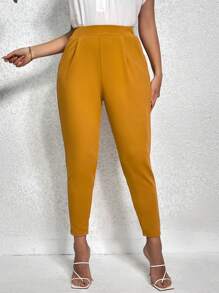 SHEIN PETITE CURVE Plus Size Women Solid Color Pleated Cone-Shaped Casual/Office Pants - Yellow - View 3