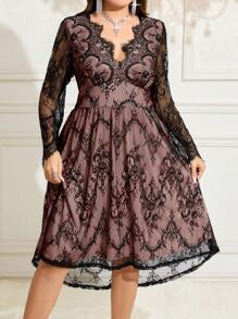 SHEIN Clasi Plus Size Autumn Formal Dress, Black Mesh Embroidered Asymmetrical Hem A-Line Maxi Gown