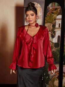 SHEIN VCAY 大码度假优雅性感荷叶边 V 领长袖衬衫。3D 玫瑰 - 紅色 - 查看 4