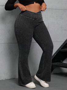 Dripcurv Plus Size Blue Denim Jeans, Casual Skinny Elastic Criss-Cross Waist Flare Leg, High Waist Leggings