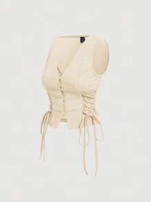 SHEIN MOD 复古复古服装交叉系带抽绳侧短款背心 - 杏色 - 查看 2