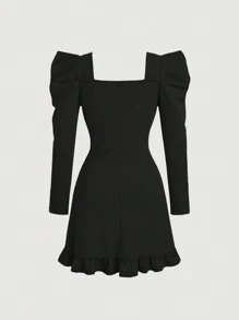 SHEIN Leap Crew Tween 女童方领蝴蝶结装饰羊腿长袖优雅连衣裙 - 黑色 - 查看 4