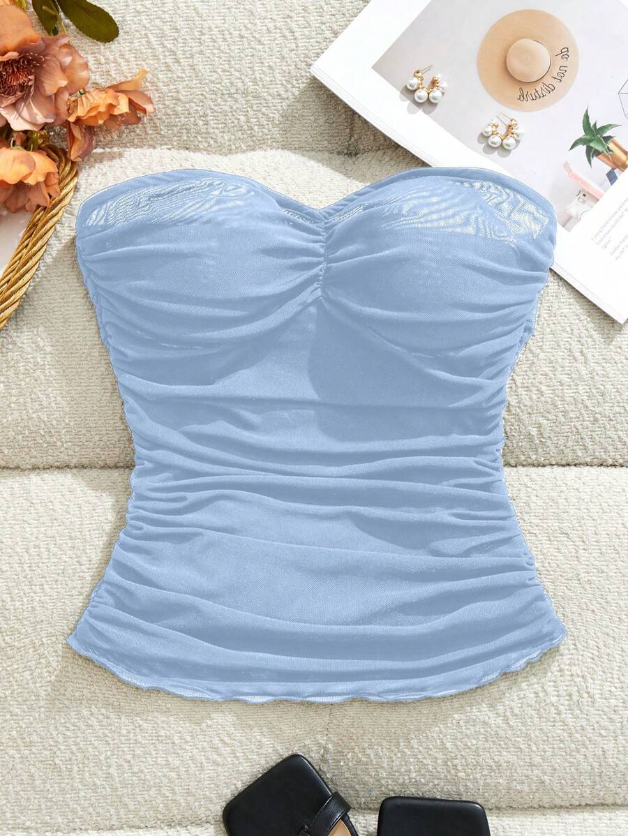 SHEIN VCAY 女式休闲针织网眼修身抹胸 - 藍色 - 查看 1