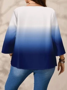 EMERY ROSE Áo sơ mi cổ tròn in họa tiết ombre rộng rãi tay 3/4 cho nữ cỡ lớn - Màu xanh lam - Xem 3