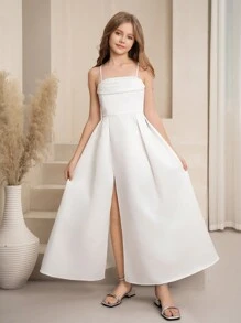 少女白色缎面编织吊带露背电脑串珠连衣裙，系带拉链高腰修身四季连衣裙，优雅返校礼服，公主裙，仙女裙 - 白色 - 查看 6