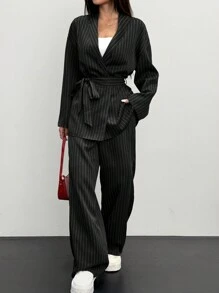 Siren Gaze Women's Striped Wrap Casual Kimono Suit Set, Elegant Office/Commuting 2 Pieces Suit,Black,Office Siren Set In Fall/Winter Formal - Black - View 1