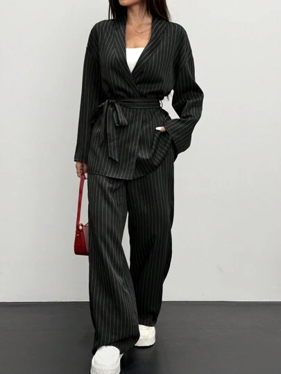 Siren Gaze Women's Striped Wrap Casual Kimono Suit Set, Elegant Office/Commuting 2 Pieces Suit,Black,Office Siren Set In Fall/Winter Formal