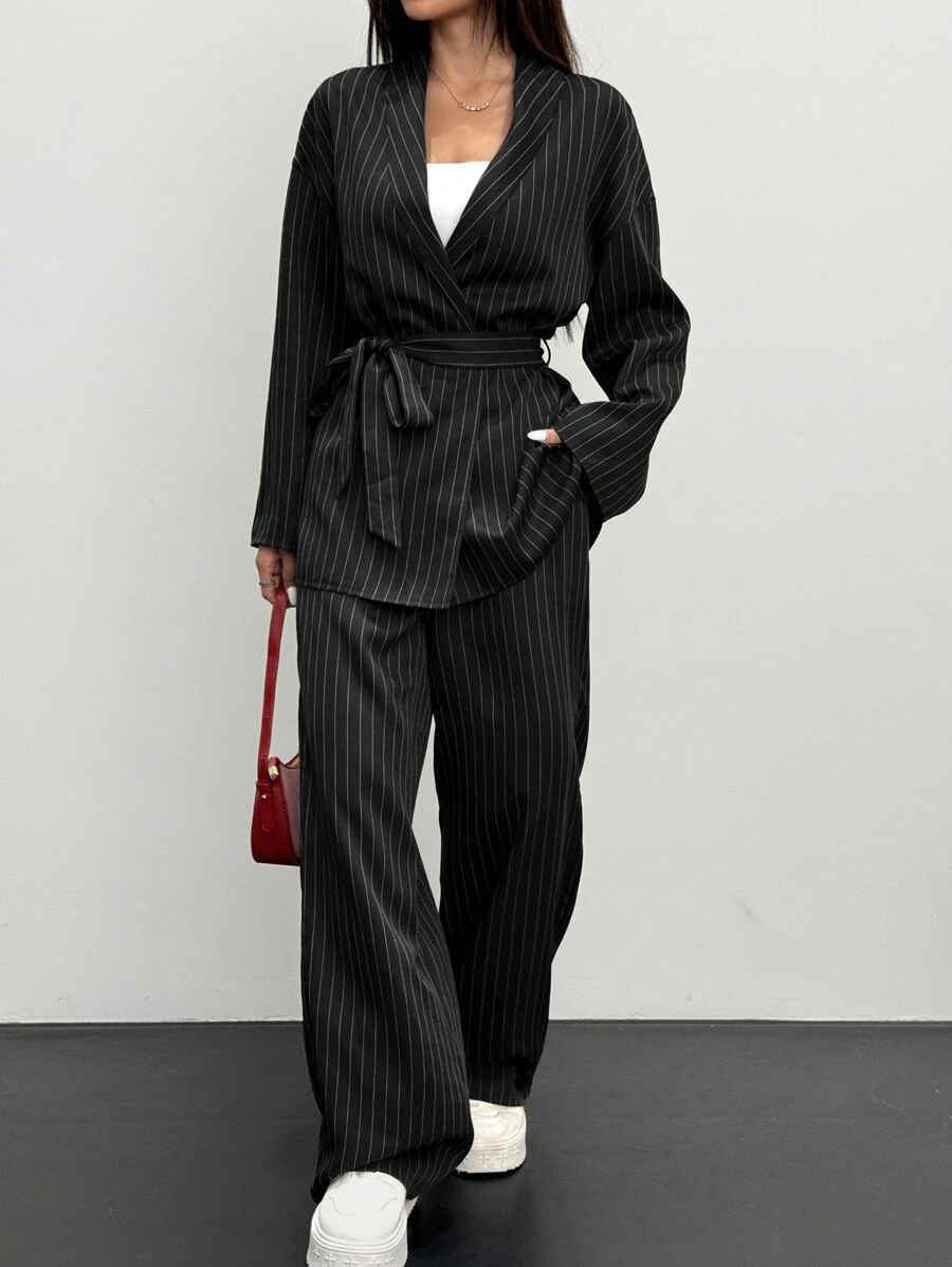 Siren Gaze Women's Striped Wrap Casual Kimono Suit Set, Elegant Office/Commuting 2 Pieces Suit,Black,Office Siren Set In Fall/Winter Formal - Black - View 1