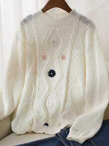 SHEIN Frenchy Plus Size Crew Neck Floral Embroidery Simple Casual Pullover Sweater - Multicolor - View 1