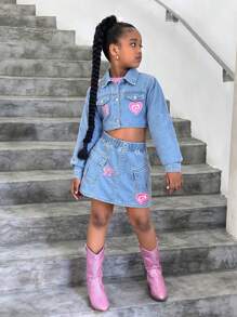 SHEIN Tween Girls Embroidered Patch Bomber Jacket & Denim Skirt 2 Pieces Set, Pre- - Light Wash - View 3