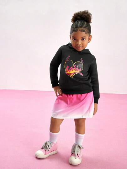 Young Girl Black Long Sleeve Hoodie With Cute Devil Design, Featuring Printed Heart Pattern And 3D Devil Horn Hoodie, Displaying A Quirky And Playful Style, Suitable For School, Travel, Valentine's Day And Autumn/Winter Wear