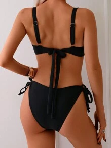 Women's Solid Color Pearl Strap Metal Buckle Backless Tie Bikini Set, Beach Outfits For Summer Beach Vacation