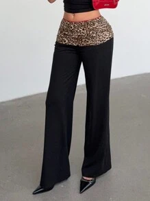 Aloruh 全新复古美式辣蕾丝拼布豹纹拼色直筒休闲舒适长裤，百搭 - 黑色 - 查看 3