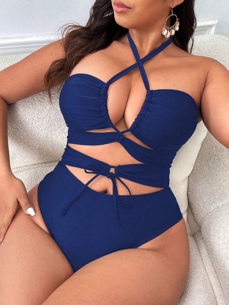 Swim Lushoire Đồ bơi một mảnh buộc dây màu trơn cỡ lớn cho nữ mùa hè - Xanh đậm - Xem 1