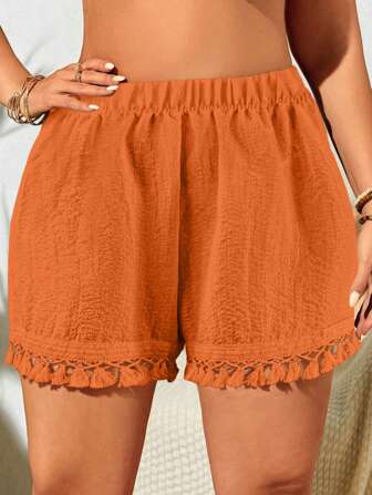 SHEIN Swim Curve 大码女式度假纯色松紧腰休闲罩衫上衣和短裤套装夏季