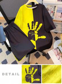 SHEIN 2pcs Set Teen Boy's Casual Splicing Clashing Colours Enlarged Monogram Print Round Neck Short-Sleeved T-Shirt Shorts Two-Piece Set;Spring Wear; Teen Boys' Clothing; Teen Boy' Jackets, Spring Back To School - Multicolor - View 1