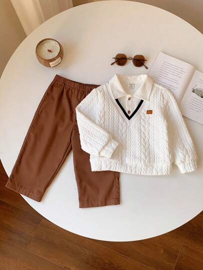 SHEIN 2pcs Baby Boy Cute White Top & Elastic Waist Pants Set, Suitable For Birthday Party, Evening Party, Performance, Wedding, Baby Shower, 1st Birthday Celebration,In Fall/Winter