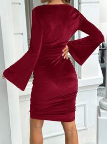 SHEIN Pregnant Women Plain Round Neck Long Sleeve Slim-Fit Short Dress - Burgundy - View 2