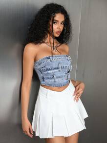 SHEIN EZwear Women's Fashionable Snap Closure Design Denim Tube Top - Blue - View 7