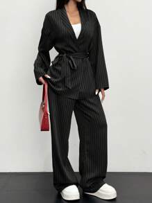 Siren Gaze Women's Striped Wrap Casual Kimono Suit Set, Elegant Office/Commuting 2 Pieces Suit,Black,Office Siren Set In Fall/Winter Formal - Black - View 6