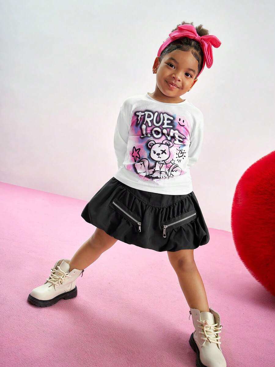 Young Girl Round Neck Long Sleeve Cartoon Print Minimalist Casual Top, Everyday Wear - Multicolor - View 1