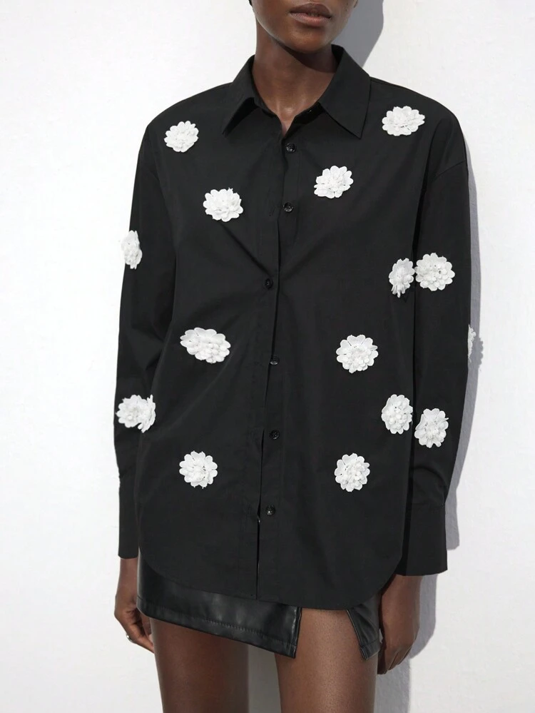 SHEIN Maija Elegant White 3D Flower Decor Women's Shirt, Modern, Suitable For Valentine's Day, Party Festival