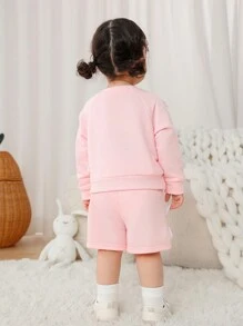 SHEIN Playful Pals 2件套女婴休闲运动可爱甜美侧边蝴蝶结设计宽松舒适针织面料圆领长袖连帽T恤上衣和短裤套装，粉色 - 粉色 - 查看 2