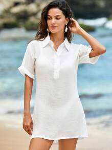 Swim Lushoire Summer Women's Lapel Half Sleeve Casual Vacation Beach Solid Color Woven Swimwear Cover Up - White - View 5