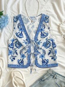 Soleia WYWF 女士 V 领系带喇叭袖热带图案印花背心，适合度假 - 藍白色 - 查看 6