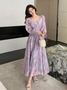 DAZY Đầm dài tay cổ vuông in hoa dáng ôm thoải mái cho nữ, thích hợp cho mùa thu và lễ Phục sinh. - Màu tím - Xem 2