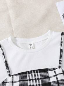 SHEIN Vestido de 2 en 1 con tirantes para adolescentes, de punto acanalado con parches florales - Blanco y Negro - Ver 3