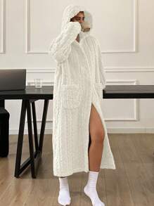 DAZY Minimalist Textured Flannel Hooded Bath Robe, Thick & Warm For Winter - White - View 6