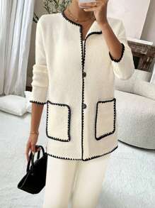 SHEIN Clasi New European Style Blogger Same Design Sense Colorblock Vintage Double Pockets Casual Crew Neck Knit Jacket