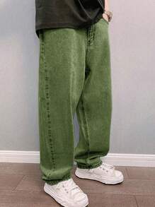 STEELVANCE Loose Fit Men's Slant Pocket Straight Leg Jeans - Army Green - View 4