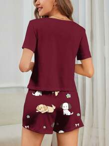 CoupledUp 2-teiliges Set Damen Hunde Muster Rundhals Kurzarm T-Shirt und Shorts Pyjama