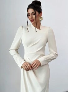 SHEIN Privé 杏色腰部扭纹不对称领长袖优雅长裙，适合日常穿着和通勤，情人节 - 杏色 - 查看 8