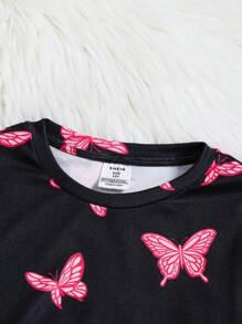 SHEIN Conjunto de pijama casual y cómodo para niña preadolescente de 2 piezas, con pantalón y camiseta de manga larga de ajuste ceñido, estampado minimalista de mariposa que brilla en la oscuridad y cuello redondo con hombros caídos