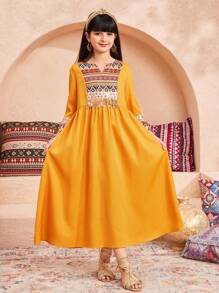 SHEIN Tween Girls Casual Vacation Geometric Print Sequin Tassel Lace Ruffle Flare Sleeve Mid-Length A-Line Dress, Loose Fit - Yellow - View 6