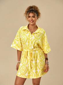 Travachic 全體植物印花垂墜肩帶腰帶襯衫連體褲 - 芥末黃 - 查看 5