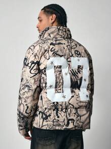 ROMWE MEN Street Life Men's Street Style Graffiti Print Cropped Winter Jacket - Multicolor - View 1
