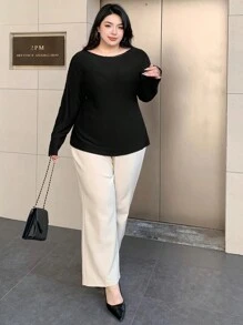 Dazy Plus 大尺碼純色對比蕾絲露背蝴蝶結繫帶長袖性感T恤，春夏款掛脖上衣，女款外出上衣，適合學校穿著 - 黑色 - 查看 4