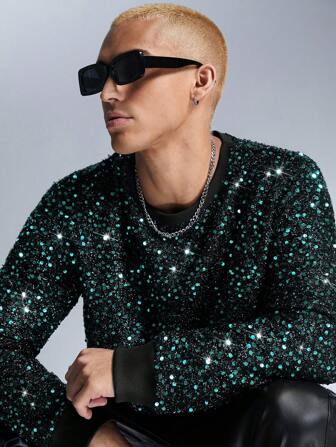 Manfinity VCAY Unisex Fashion Sequin Slim Fit Crew Neck Pullover Sweatshirt, For Fall Winter
