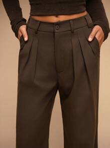 Forever 21 Brand New Winter High Waist Pleated Slim Straight Casual Loose Office Work Pants Women's Winter Trousers - Coffee Brown - View 7