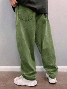 STEELVANCE Loose Fit Men's Slant Pocket Straight Leg Jeans - Army Green - View 3