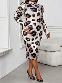 SHEIN Lady Spring And Summer Autumn And Winter Elegant Commuting Office Colorful Knitted Stand Collar Leg-Of-Mutton Sleeve Gold Button Midi Long Sleeve Plus Size Dresses Elegant Women Dresses Classy Outfits Spring Outfits For Women Plus Size Women Clothes Dresses For Women Winter Clothes For Women Long Sleeve Winter Dresses For Women Dress Long Sleeve Spring Dress Spring Dresses Spring Clothes Plus Size Dress Elegant Spring Break Dresses Spring Break Outfits Spring Outfits For Women Spring Dresses For Women Cheetah Print - Multicolor - View 5