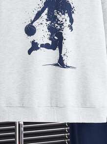 SHEIN Leap Crew 2 Pieces Teen Boys Casual Basketball Player Graphic Print White Hoodie And Black Cuffed Pants Set, Suitable For Autumn, Spring, Sports, School, Casual Daily Wear, Fleece, Thickened - Grey - View 4