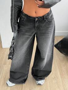 EURMUSE Pantalón vaquero negro con cinturón elástico y estilo Y2K tiro bajo - Negro - Ver 5