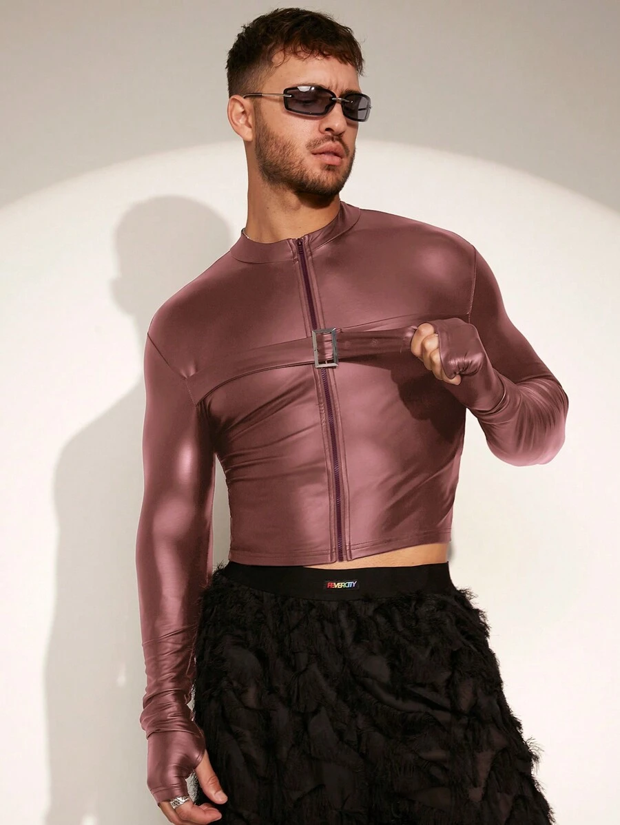 FeverCity 男士纯色前拉链长袖休闲夹克和外套，适合秋冬 - 紅色 - 查看 1