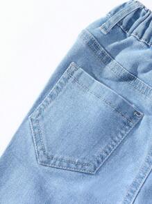 Girls Elastic Waist Ripped Distressed Flared Jeans With Unique Slanted Waist Design, Cool & - Light Wash - View 3